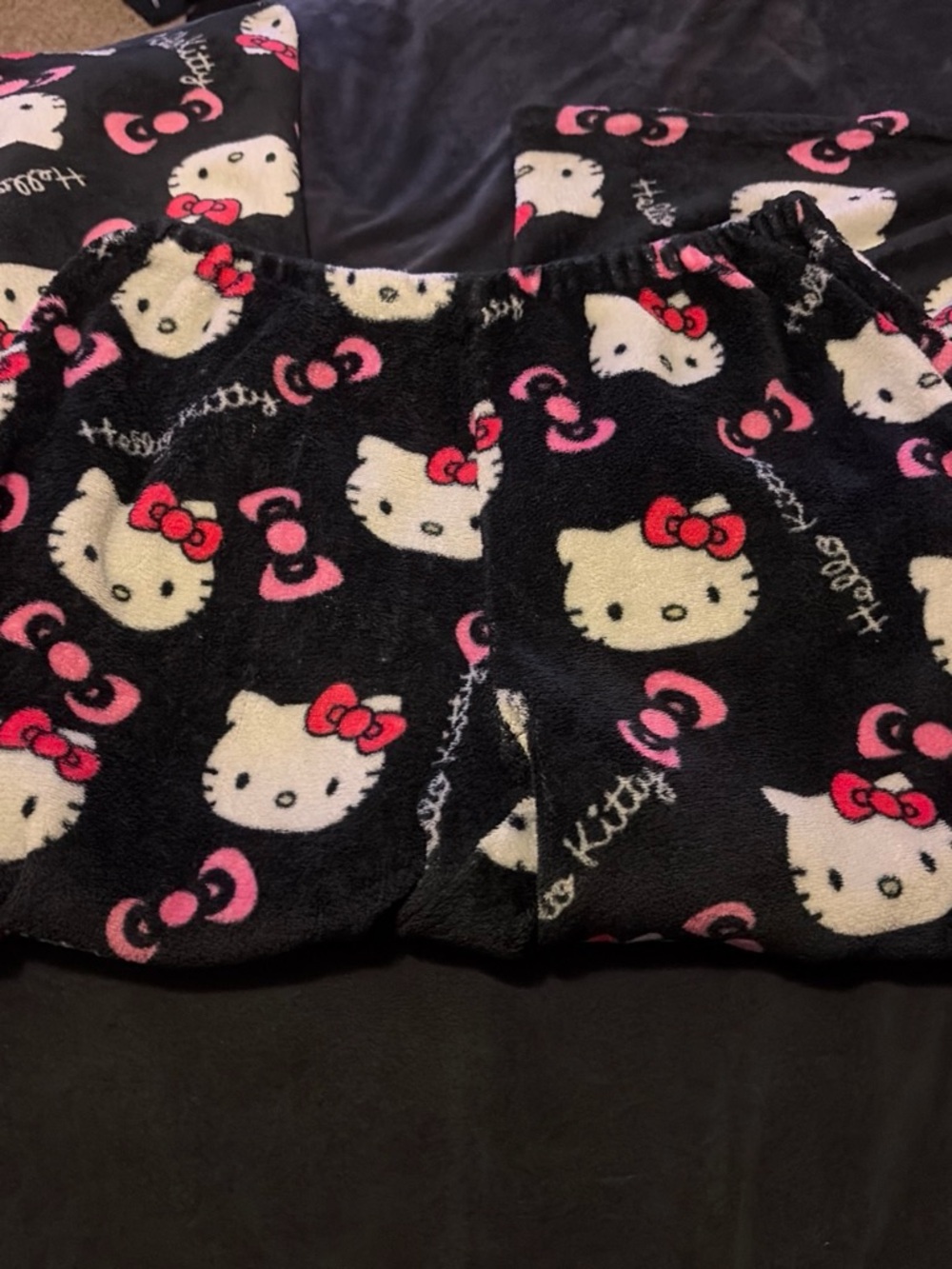 Hello Kitty Black Plush Pajama Pants with Pink & Cream Print